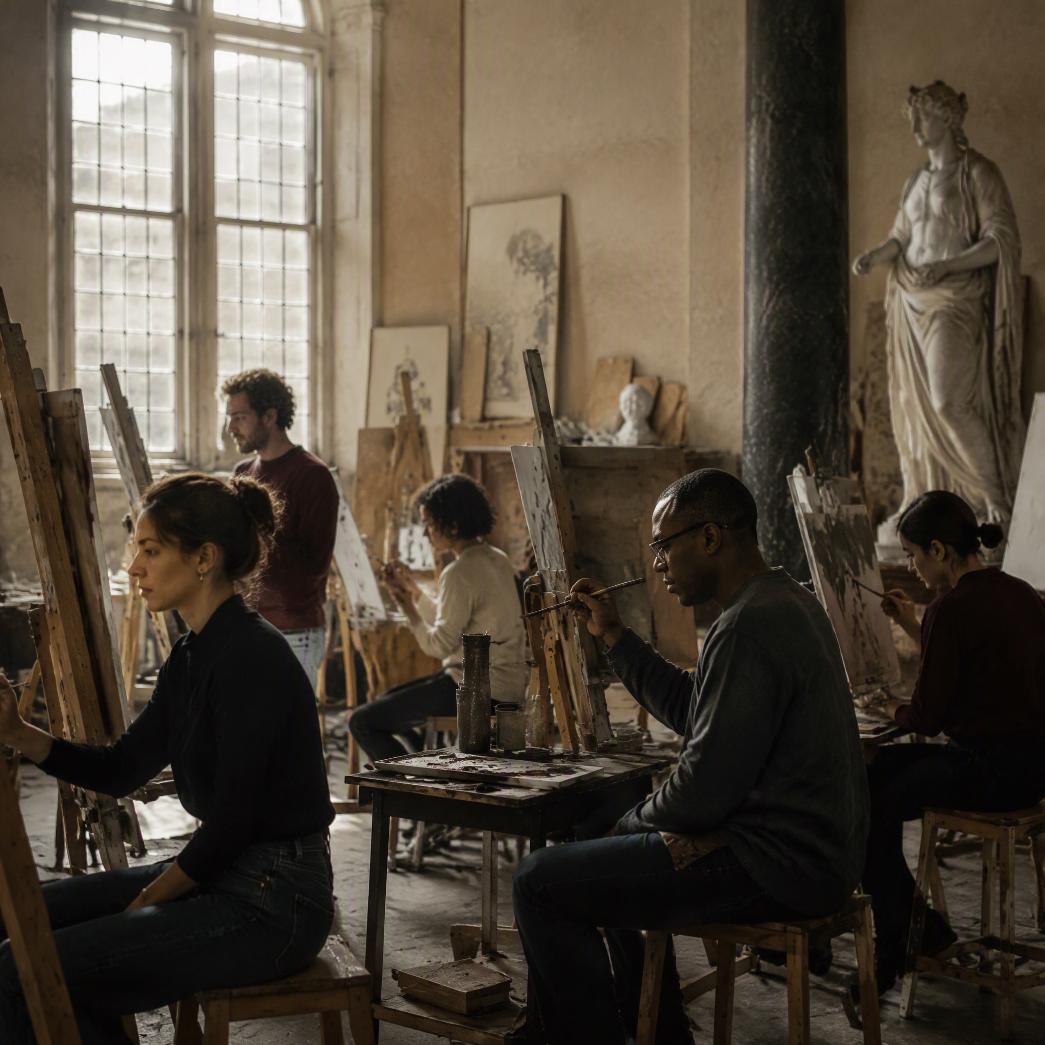 Piccolo gruppo di studenti in atelier