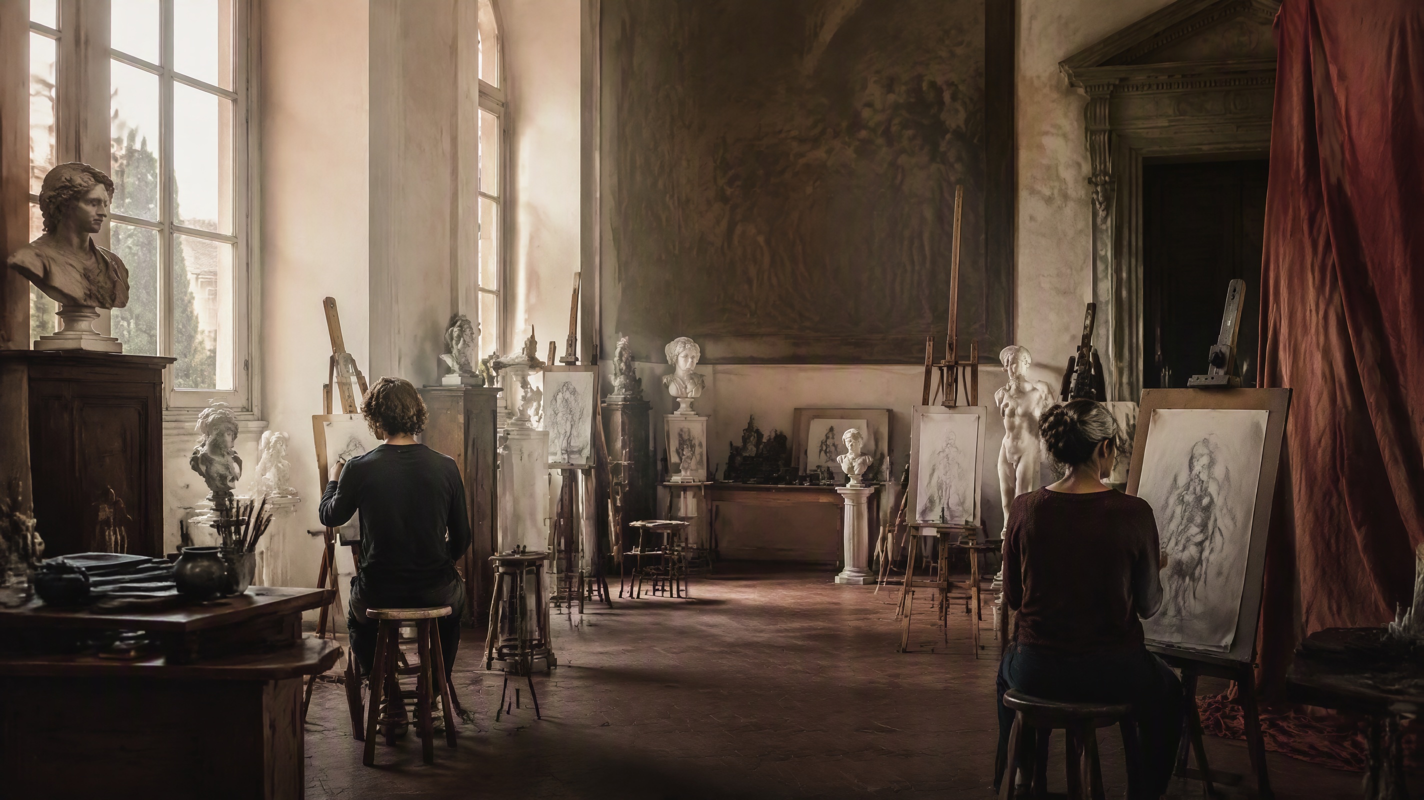Studenti al lavoro in un atelier d'arte